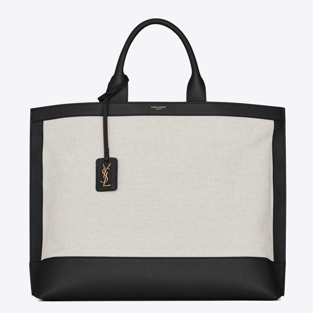 Saint Laurent Tag Shopping Bag In Canvas And Black Leather Saint Laurent Tag Shopping Bag In Canvas And Black Leather
