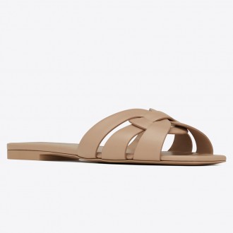 Saint Laurent Tribute Slides In Beige Calfskin Saint Laurent Tribute Slides In Beige Calfskin