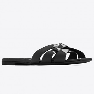 Saint Laurent Tribute Slides In Black Patent Leather Saint Laurent Tribute Slides In Black Patent Leather