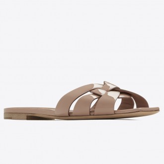 Saint Laurent Tribute Slides In Dark Beige Patent Leather Saint Laurent Tribute Slides In Dark Beige Patent Leather