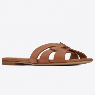 Saint Laurent Tribute Slides In Tan Calfskin Saint Laurent Tribute Slides In Tan Calfskin