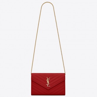 Saint Laurent WOC Monogram Chain Wallet In Red Leather Saint Laurent WOC Monogram Chain Wallet In Red Leather
