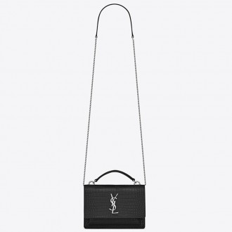 Saint Laurent WOC Sunset Chain Wallet In Black Croc-Embossed Leather Saint Laurent WOC Sunset Chain Wallet In Black Croc-Embossed Leather