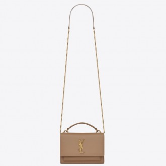 Saint Laurent WOC Sunset Chain Wallet In Taupe Calfskin Saint Laurent WOC Sunset Chain Wallet In Taupe Calfskin