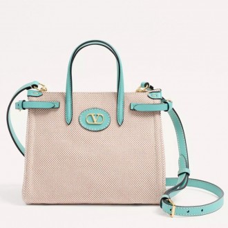 Valentino Antibes Small Shopping Bag in Canvas with Green Leather