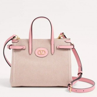 Valentino Antibes Small Shopping Bag in Canvas with Pink Leather