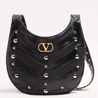 Valentino Hoboho Small Hobo Studs Bag in Black Nappa Leather