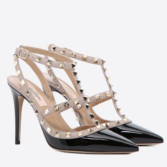 Valentino Rockstud Ankle Strap Pump In Black Patent Leather