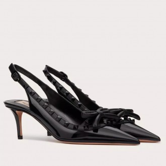 Valentino Rockstud Bow Slingback Pumps 60mm in Black Patent Leather