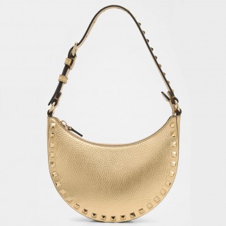 Valentino Rockstud Mini Hobo Bag in Gold Grained Leather