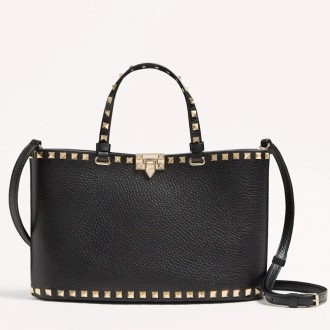 Valentino Rockstud Small Shopping Bag in Black Grainy Calfskin