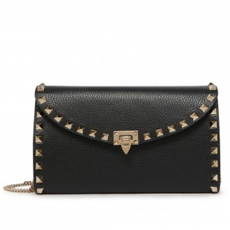 Valentino Rockstud Wallet with Chain in Black Grained Leather Valentino Rockstud Wallet with Chain in Black Grained Leather