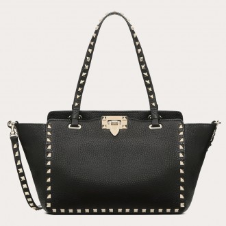 Valentino Small Rockstud Tote In Black Grain Calfskin