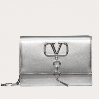 Valentino Vcase Small Chain Bag In Silver Metallic Lambskin Valentino Vcase Small Chain Bag In Silver Metallic Lambskin