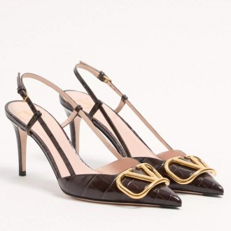 Valentino VLogo Signature Slingback Pumps 80mm in Black Croc-embossed Leather